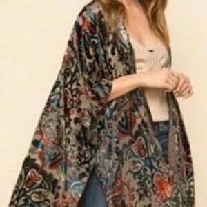Boho Chic Open Front Velvet Kimono Cardigan With Floral Paisley Print For Women
